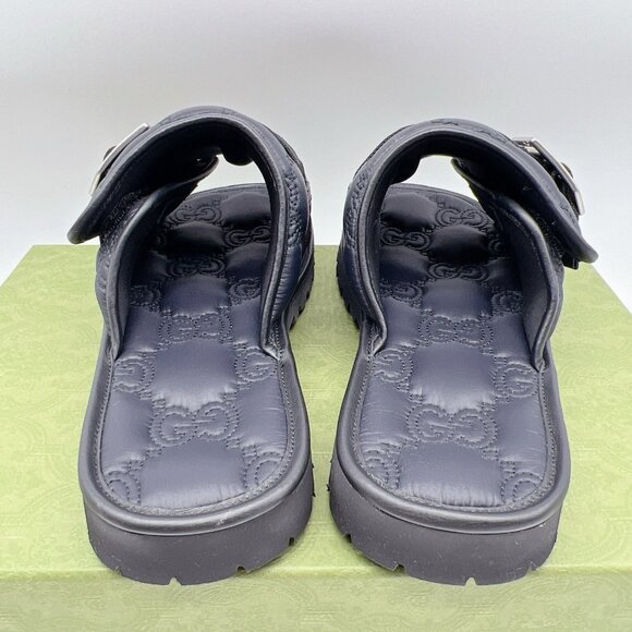 GUCCI Mens GG LOGO Quilted Buckle Black Slides Sandals 776792 Mens UK 9 US 9.5 - Picture 8 of 14